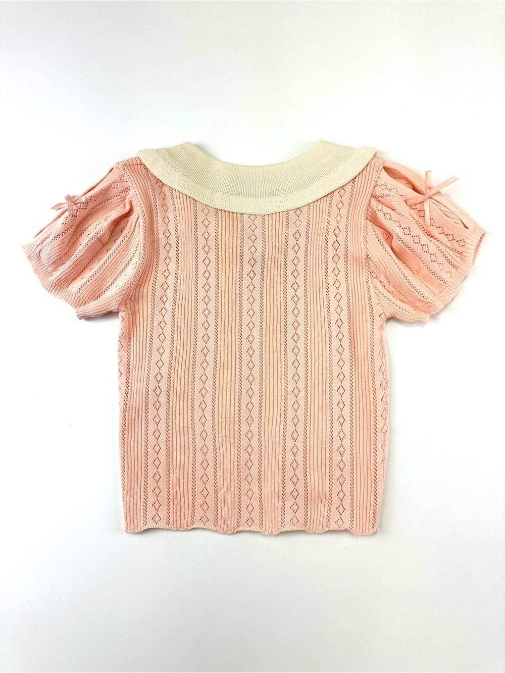 Coquette Peach Pointelle Knit Top Peter Pan Collar Bow Y2K Style Small Twee - Picture 3 of 4